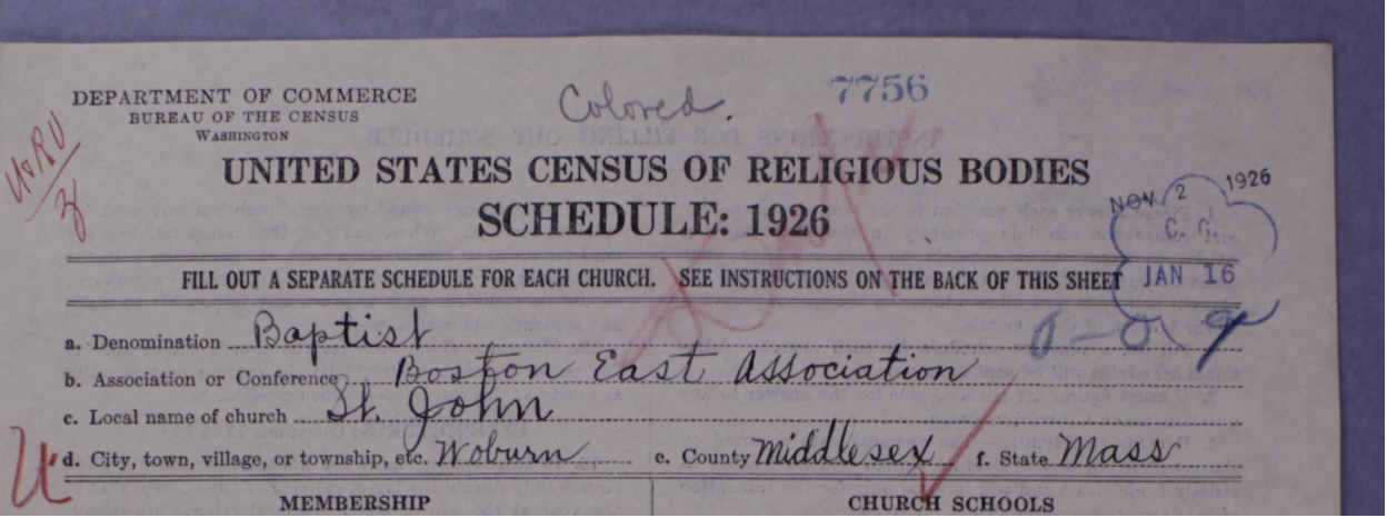 Schedule from St. John's Baptist Church in Woburn, Massachusetts. The Bureau wrote 'Colored' at the top of the schedule.