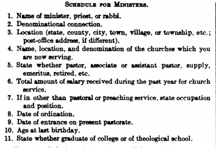 A separate schedule for Ministers sent out by the Bureau in 1916 asking questions such as name, denominational connection, education, salary, and more.