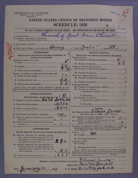 Figure 2. An example of a schedule from the Census. This schedule is from a Church of God in Christ located in Chicago, Illinois.