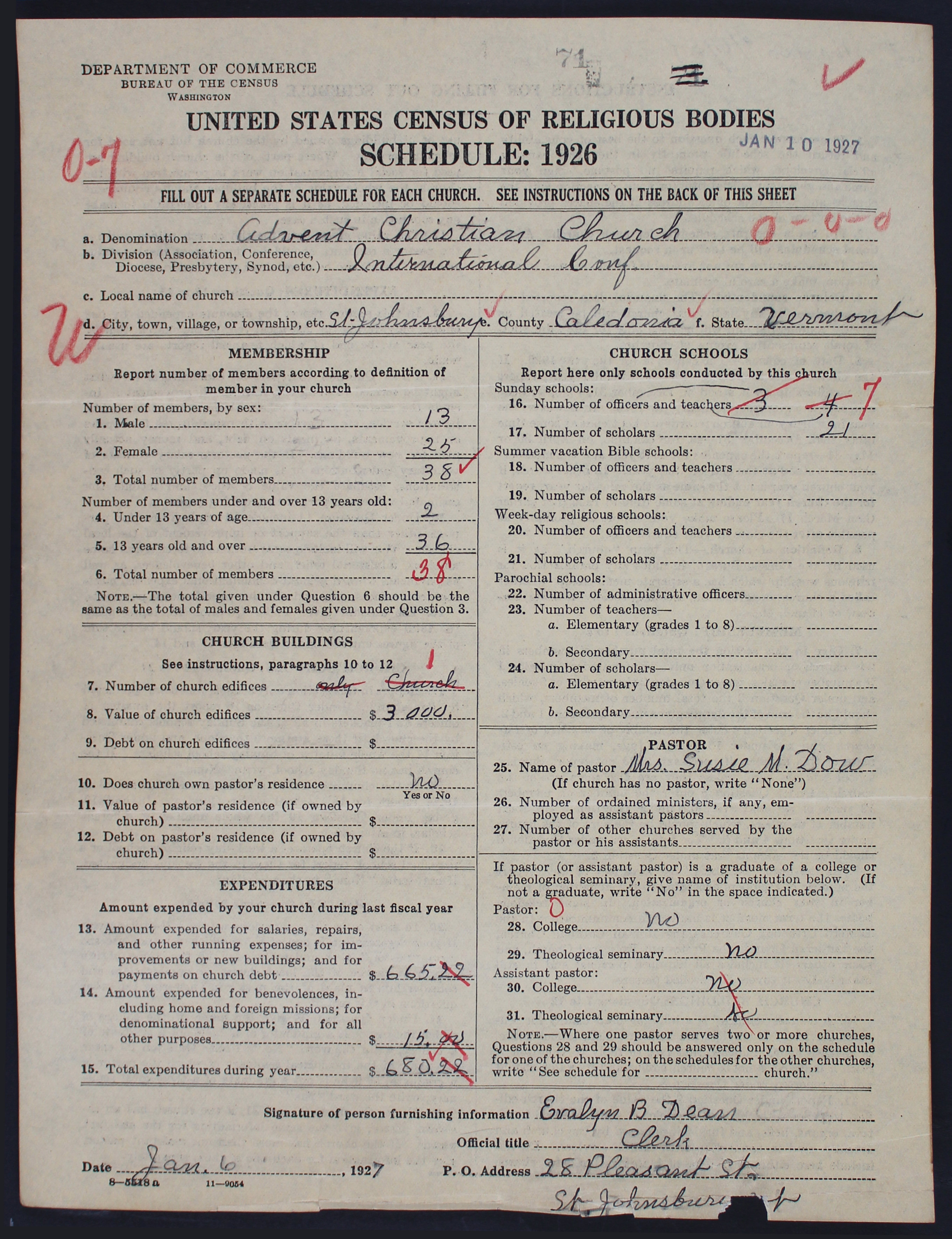 The Census schedule for the Advent Christian Church in St. Johnsbury, Vermont. Two women are featured on the schedule: Mrs. Susie M. Dow, the preacher, and Evalyn B. Dean, the clerk.