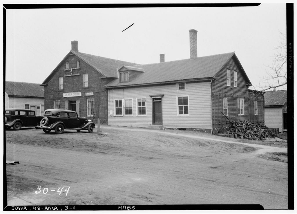Figure 1. General Store and Office for the Amana Society located in Amana, Iowa. [Historic American Buildings Survey/Historic American Engineering Record/Historic American Landscapes Survey,  “Amana Colonies General Store &amp; Offices, State Route 220, Amana, Iowa County, IA,” after 1933, Library of Congress Prints and Photographs Division Washington, D.C, https://www.loc.gov/item/ia0012/]