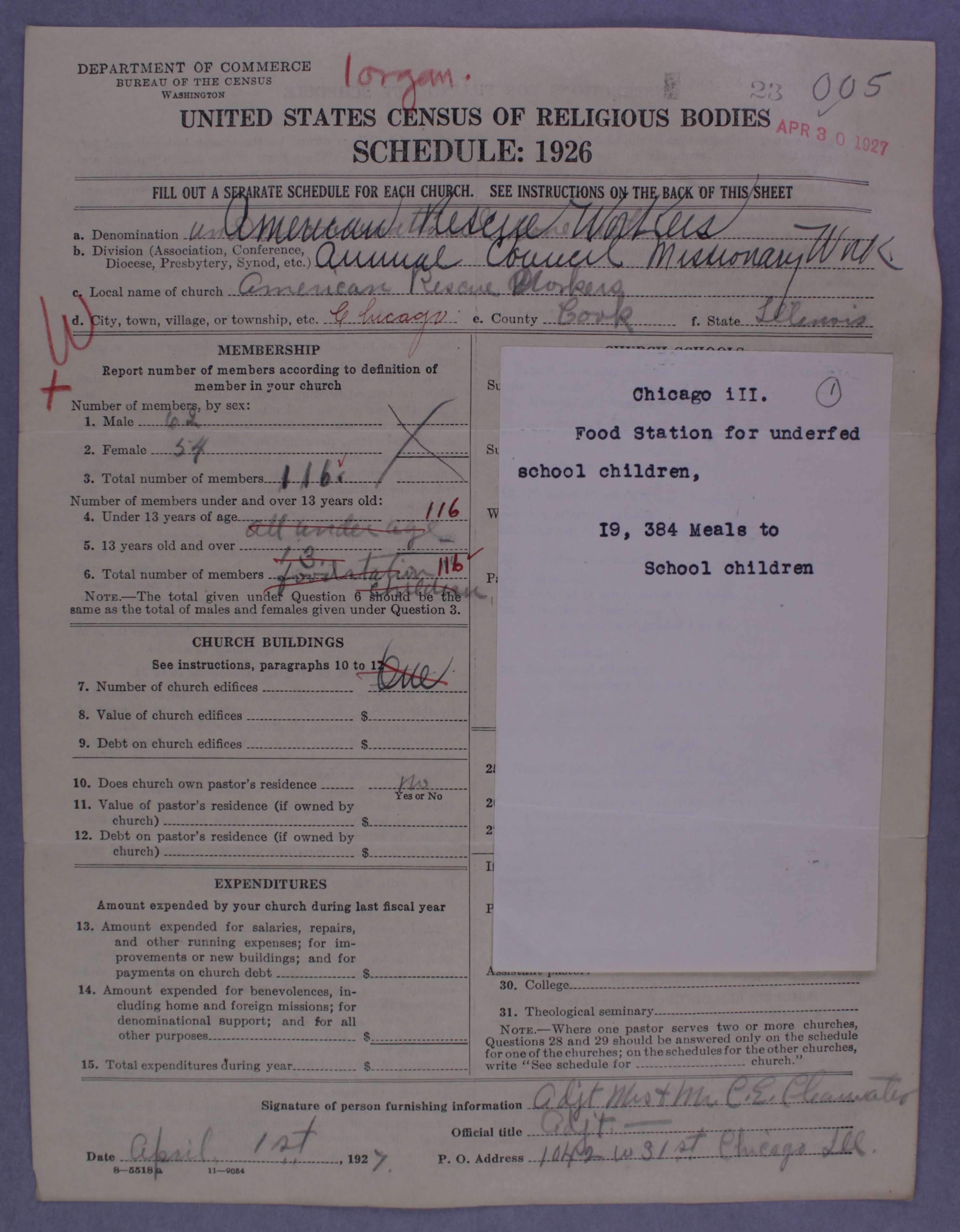 Figure 3. One of four schedules for the American Rescue Workers in Chicago, IL. This schedule describes the food station that the ARW operated to serve “underfed school children.” In one year, this mission provided 19, 384 meals for children in Chicago.