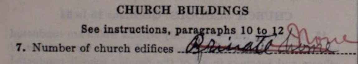 Figure 2. The field on the schedule asking about church buildings. For ‘number of church edifices,’ the answer ‘private home’ is scratched out. In red, the Census Bureau wrote “None” as a correction..