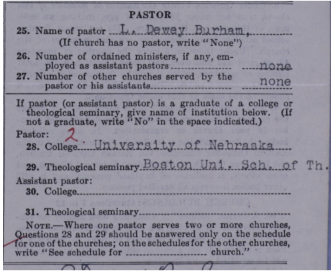Figure 2. The 1926 questions as answered by the  pastor of Bedford Presbyterian Church in Bedford, New Hampshire.