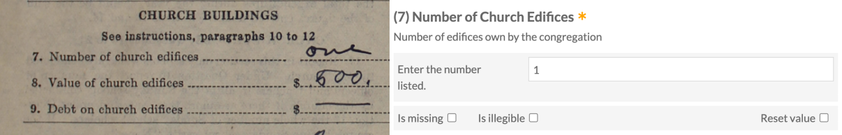 Figure 1. Side by side images of &ldquo;one&rdquo; being written out on the form and &ldquo;1&rdquo; being entered in the form to show the different way data was written on the schedules.