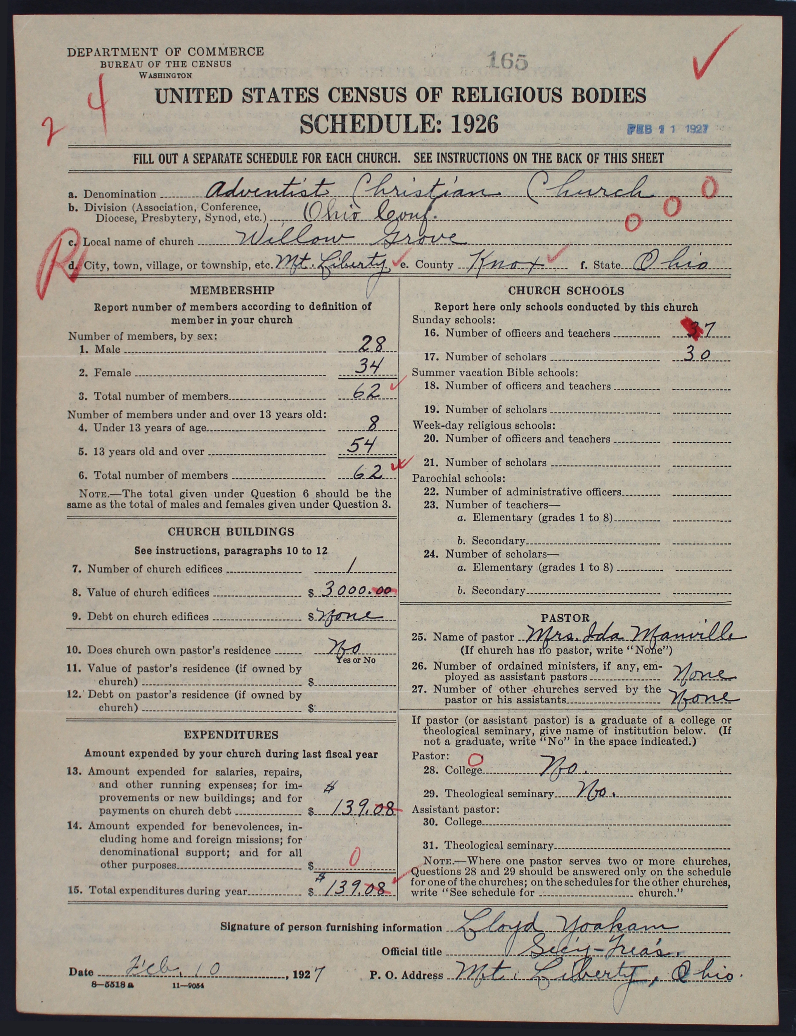 Figure 1. Schedule from Willow Grove in Mt. Liberty, Ohio.